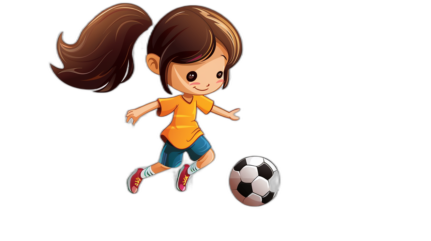 A cute little girl playing soccer, vector illustration, in the style of cartoon, black background, high resolution, professional quality