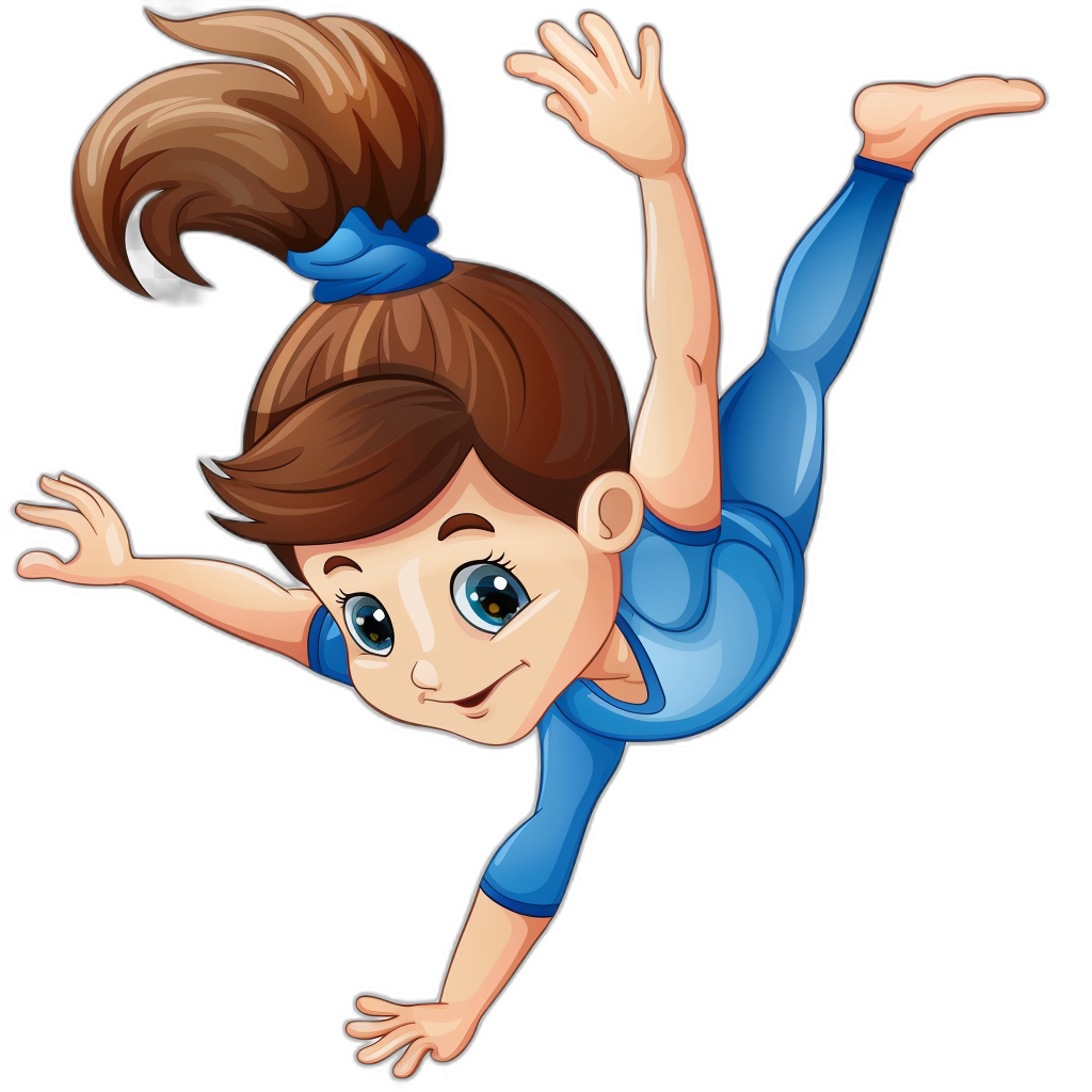 A cartoon girl gymnast doing an extreme backflip in a vector illustration with a solid black background, wearing a blue top and leggings, with brown hair in pigtails and big eyes, with a smiling facial expression.