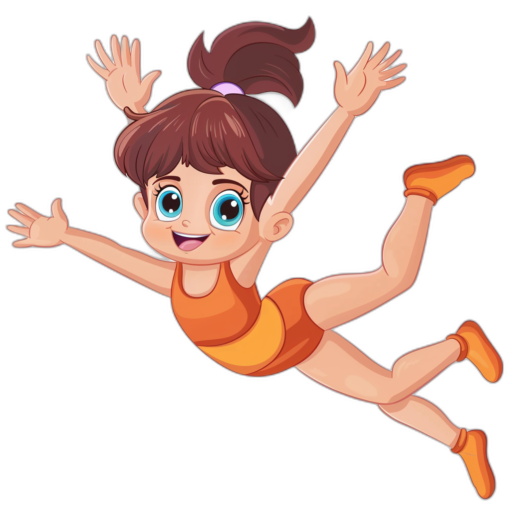 A cartoon girl is flying in the air, in the vector illustration style with flat design and simple shapes. She has brown hair tied into pigtails, big blue eyes, smiling expression, wearing an orange wrestling singlet, jumping high against a black background. Vector graphics with clean lines, bright colors, no shadows on the dark backgrounds. No text or other elements appear to have been added.