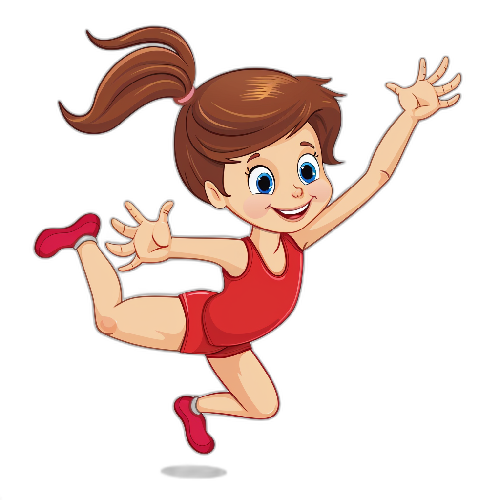 A cartoon girl in red sportswear jumps and is happy, vector graphics on black background