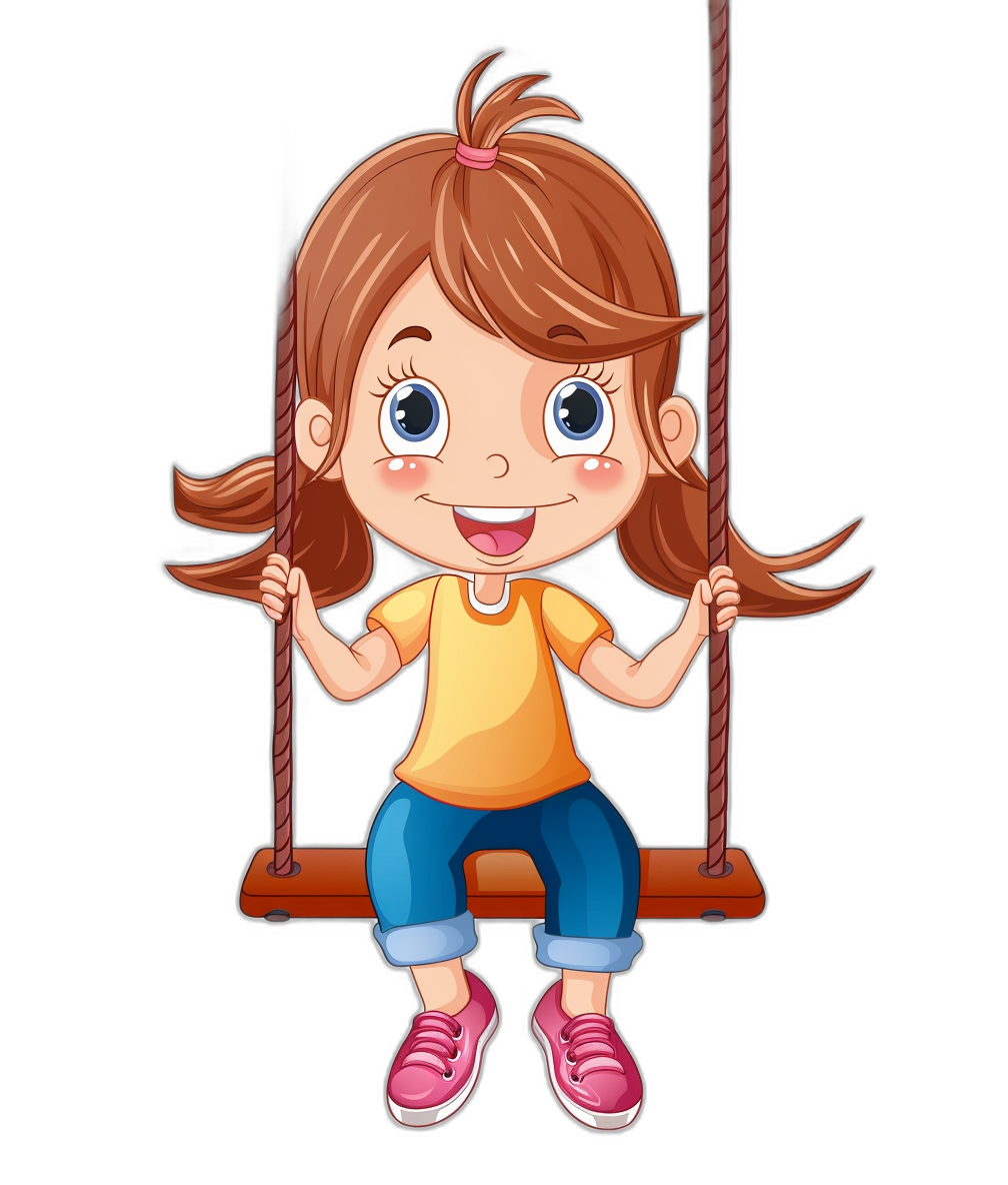 A cute happy girl on the swing, in the style of clip art style isolated on a black background.