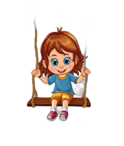 A cute cartoon girl sitting on the swing in a vector illustration with a black background at a high resolution.