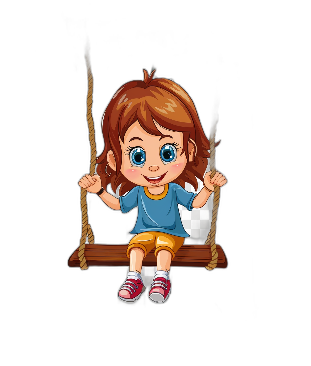 A cute cartoon girl sitting on the swing in a vector illustration with a black background at a high resolution.