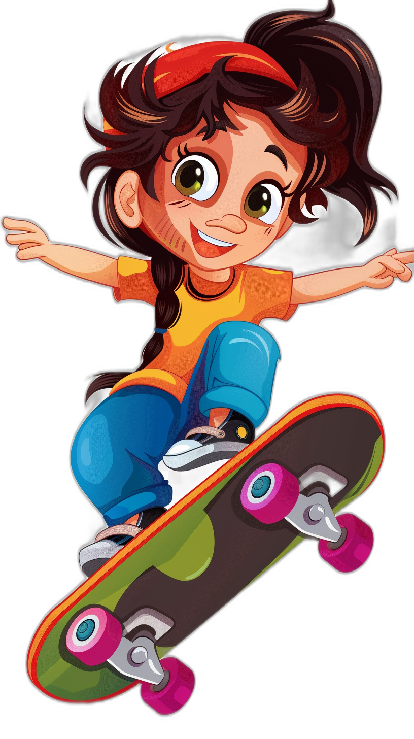 cartoon girl on skateboard, clip art for stickers , black background