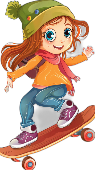 A cute girl cartoon character is skateboarding, wearing an orange sweater and blue jeans with purple shoes and a green hat. A red scarf is around her neck against a black background. The design is in a sticker style. It should be vibrant and detailed, capturing the energy of skateboarding in an urban setting. Focus on clear lines for easy cutout. High resolution.