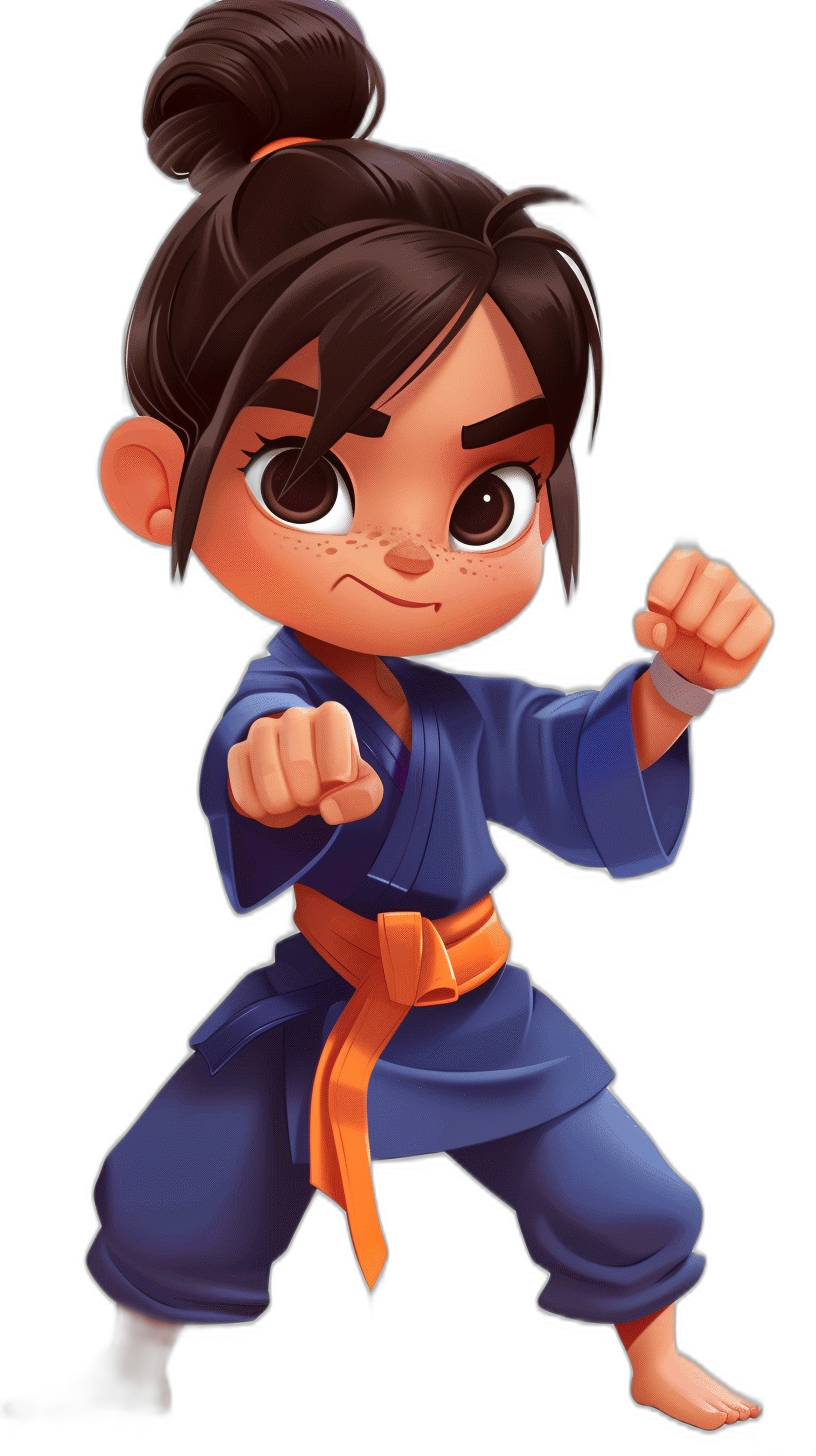 A cute little girl with dark hair in a blue karate outfit doing a stance ready to fight, with an orange belt, in the style of chibi, Disney Pixar character concept art.