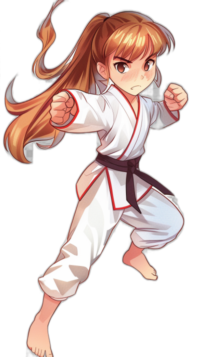 Manga character, a young girl with long brown hair in a ponytail and bangs doing a karate kick wearing white pants and a red belt against a black background showing her full body in the style of an anime artist.