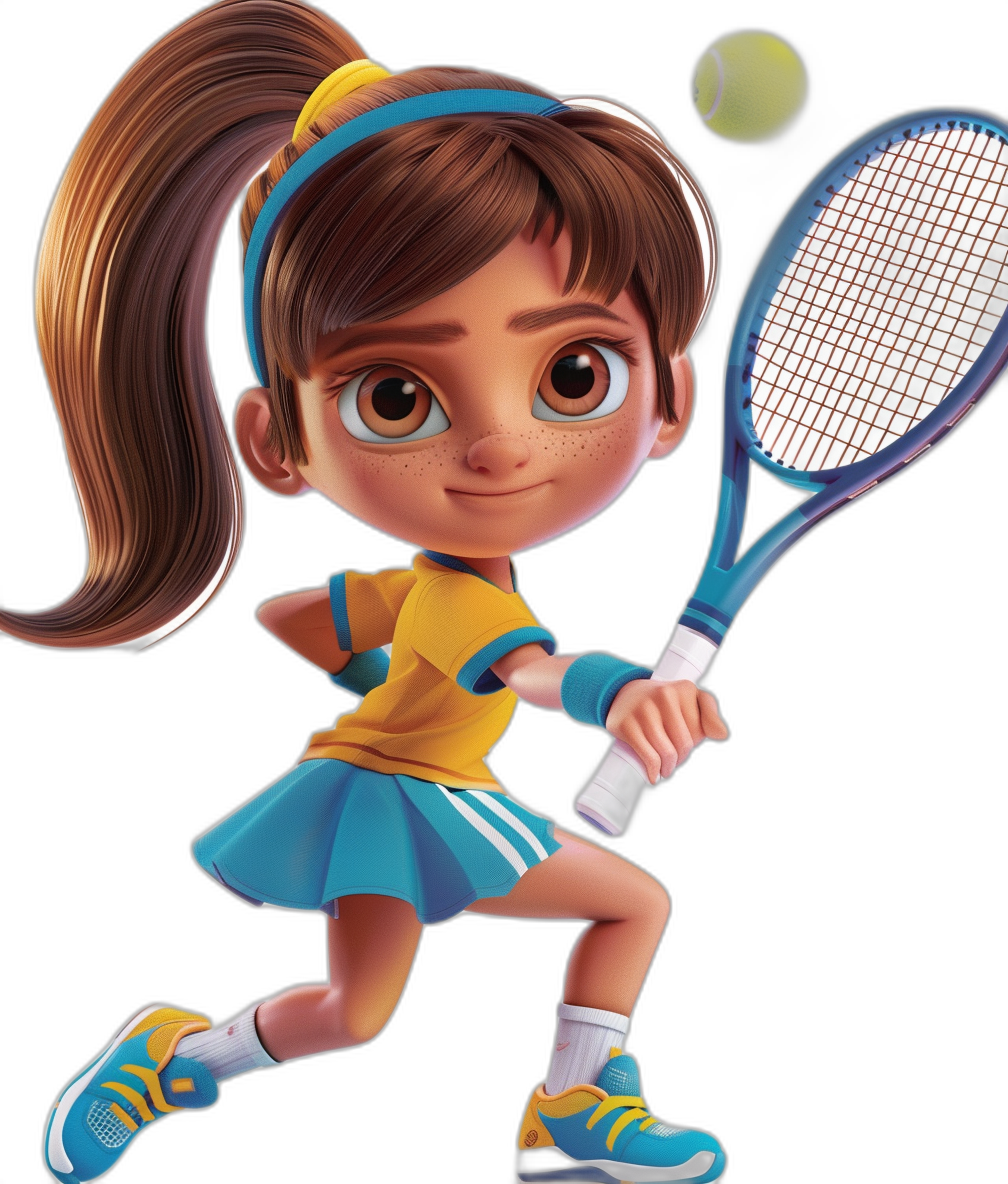 Cute girl playing tennis, wearing blue and yellow with white stripes on the sleeves, brown hair in pigtails, big eyes, holding racket closeup, black background, Pixar style, cartoon character design, full body shot, character concept art, bright colors, high resolution