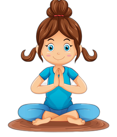 cartoon girl doing yoga, simple vector illustration with black background, cute and happy face expression, blue tshirt, brown hair in pigtails, sitting on the floor in lotus position with hands folded at chest level