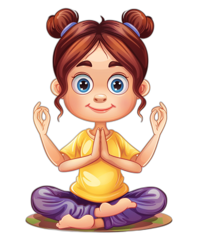 A cute little girl doing yoga, vector illustration with black background. She has big blue eyes and brown hair in pigtails. She is wearing purple pants and a yellow t-shirt. Her hands are placed together at the center of her chest like praying as if meditating or practicing. The style is reminiscent of busy cartoon characters in a children's book illustration. The art style is cartoon-like. Isolated on a white background.