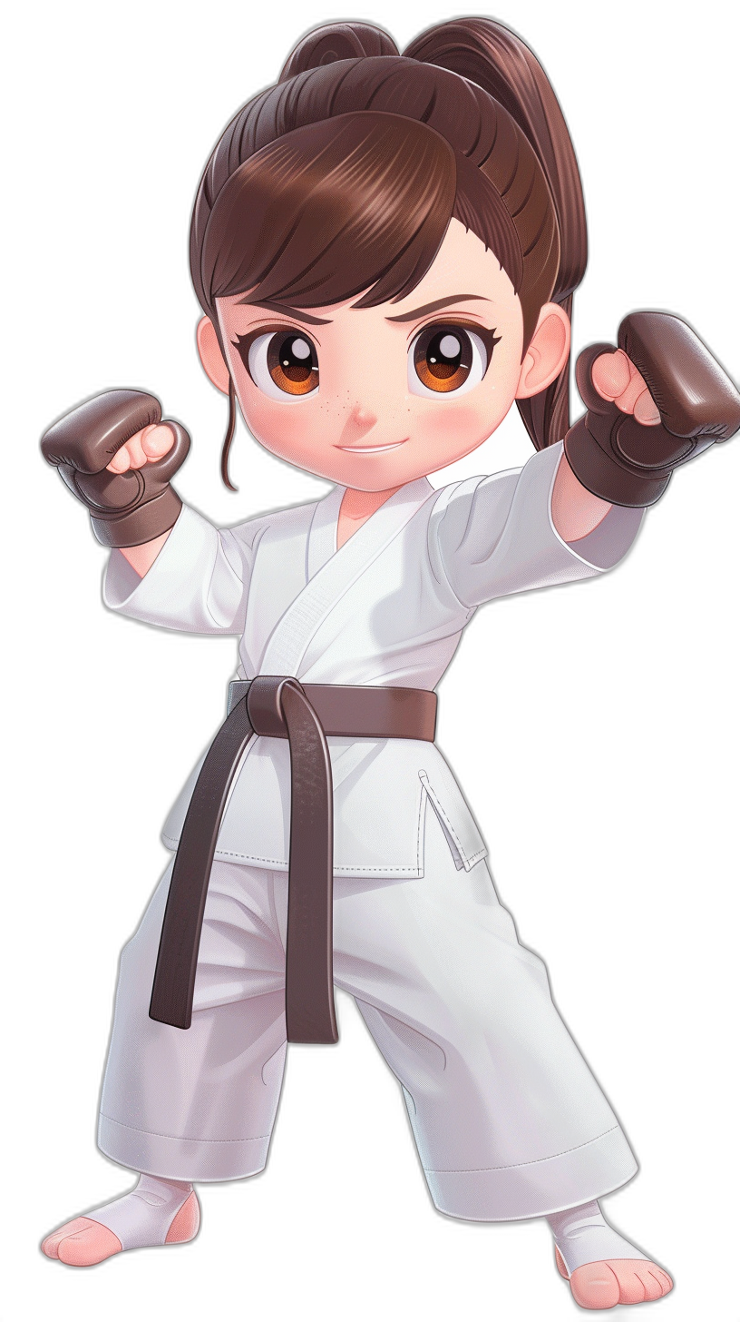 chibi style, full body shot of female character with brown hair in ponytail wearing white karate gi and black belt, brown eyes, doing front kick pose, high quality, black background, detailed facial features, 2d game art