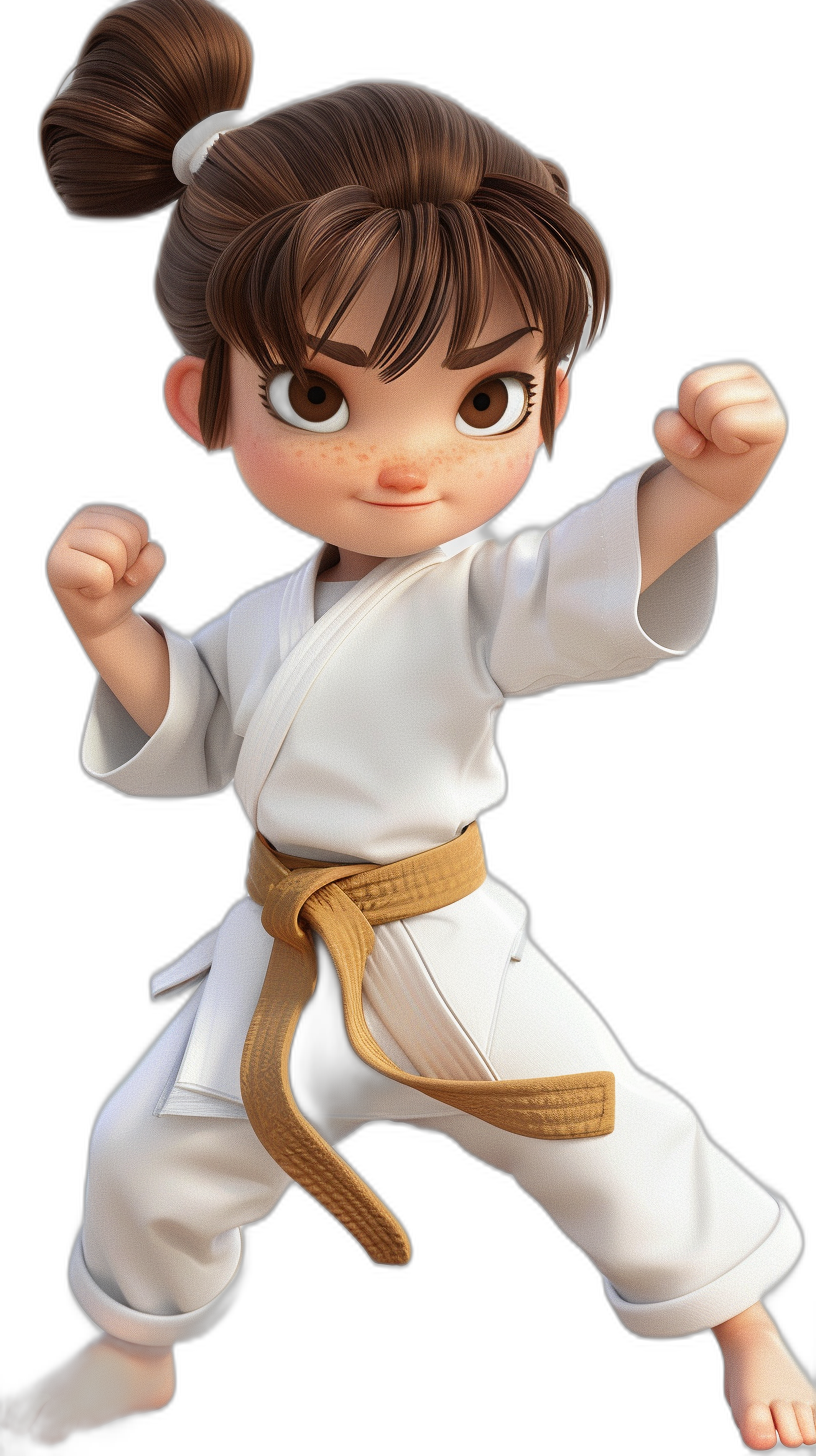 3D cartoon, cute girl with brown hair in a ponytail doing a karate kick wearing a white gi and belt, in the style of Pixar character on a black background, adorable eyes, lovely face, chest forward