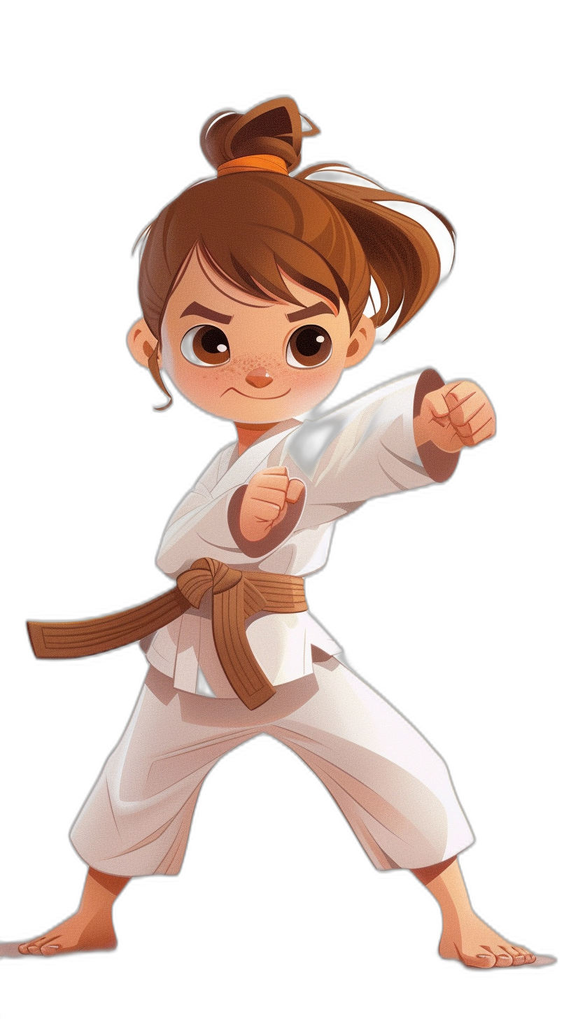 cartoon brown haired girl in a white karate outfit doing an upper body kick, full length, against a black background, with high contrast, flat colors, in a chibi style, digital art in the style of Disney and Pixar.