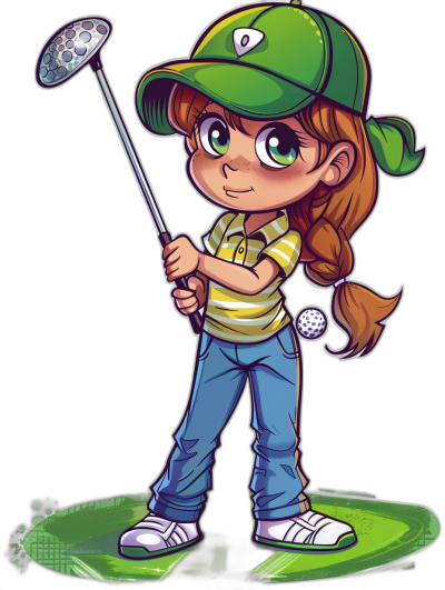 A cute chibi girl playing golf in a sticker style cartoon art with a black background. She is wearing a green and white striped shirt, blue jeans pants and a baseball cap. Her hair is in a ponytail hairstyle, holding the club over her head and hitting a ball on a tee post. The shot should capture an action moment of the swing. She has big eyes, a round face shape, and she wears a visor hat to cover her forehead from sun rays. There are no text or other elements visible.