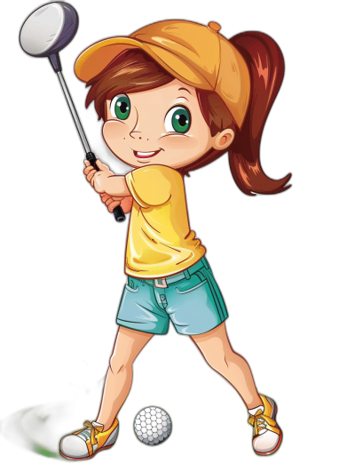 A young girl playing golf, vector illustration in the style of a cartoon with a solid black background. She has brown hair and green eyes wearing a yellow shirt, blue shorts, and white shoes with an orange cap hitting the ball with her club. A full body portrait. Her face is happy and smiling.