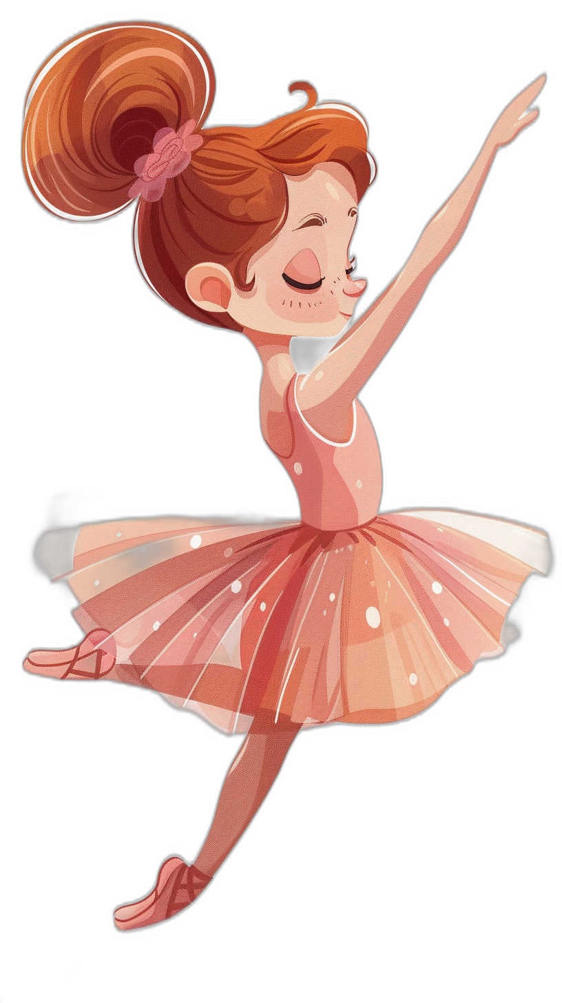 Cartoon drawing of a happy dancing ballerina, with red hair in a bun tied with pink ribbons, wearing a light peach and white tutu skirt, on a black background, in the Disney Pixar cartoon style of character design.