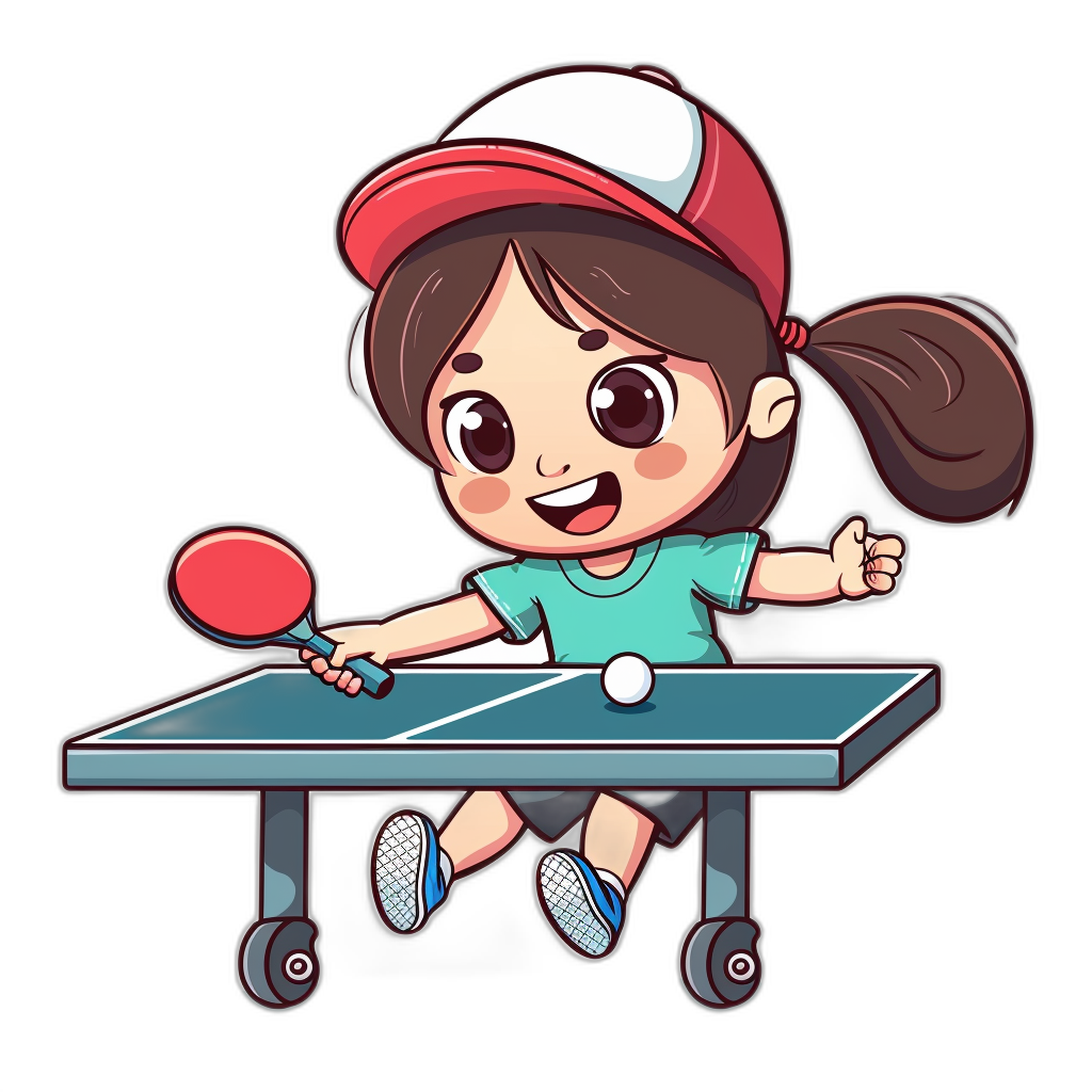 A cute girl playing table tennis in a cartoon style with a black background and simple design, wearing a red cap and blue t-shirt, with a smiling facial expression, holding the racket in her hand ready to hit the ball on the white table top surface, in the style of a clip art sticker, as a vector illustration. Isolated vector illustration. Black background.