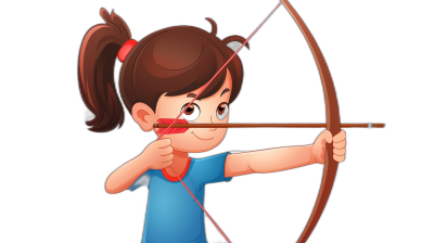 A cartoon girl is shooting arrows with a bow, in the vector illustration style with simple drawing strokes against a black background. She has a cute expression and is wearing blue short sleeves with her hair in two pigtails tied with a red headband on her forehead. The focus is on her upper body as she smiles.