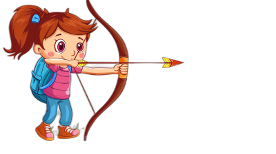 A cartoon girl is shooting with an arrow, simple drawing style, black background, solid color, flat design, vector illustration, cartoon style, simple lines and shapes, cute, friendly, friendly appearance for children's book art, high resolution, high quality, high detail, high contrast, bright colors, full body portrait, side view, holding bow in hand. She has brown hair tied back into pigtails, pink tshirt, blue pants, backpack on her shoulder. An arrow flies through the air towards its target.