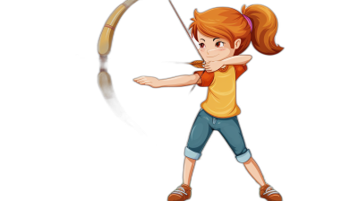 A cartoon girl shooting an arrow with a full body against a solid black background in the children's book illustration style with a simple and clean design. She has a cute and adorable face with ginger hair in pigtails wearing blue jeans, an orange t-shirt, and white sneakers. An archery bow is on the side of her back.