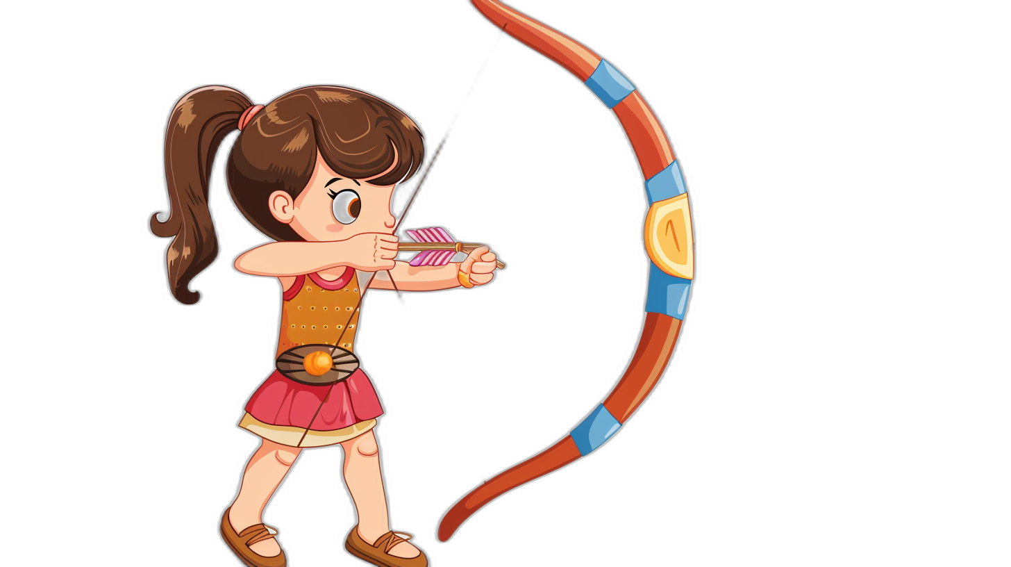 A cute little girl shooting with an arrow in a cartoon style with simple lines and vector graphics on a black background. She is wearing colorful  with a bow and quiver on her back in bright colors with simple details and cartoon elements in a high resolution, high quality 2D game art style. The overall composition is simple but full of vitality. She has brown hair in pigtails tied into ponytails. Her eyes sparkle as she extends the string to shoot arrows forward in the style of cartoon elements.