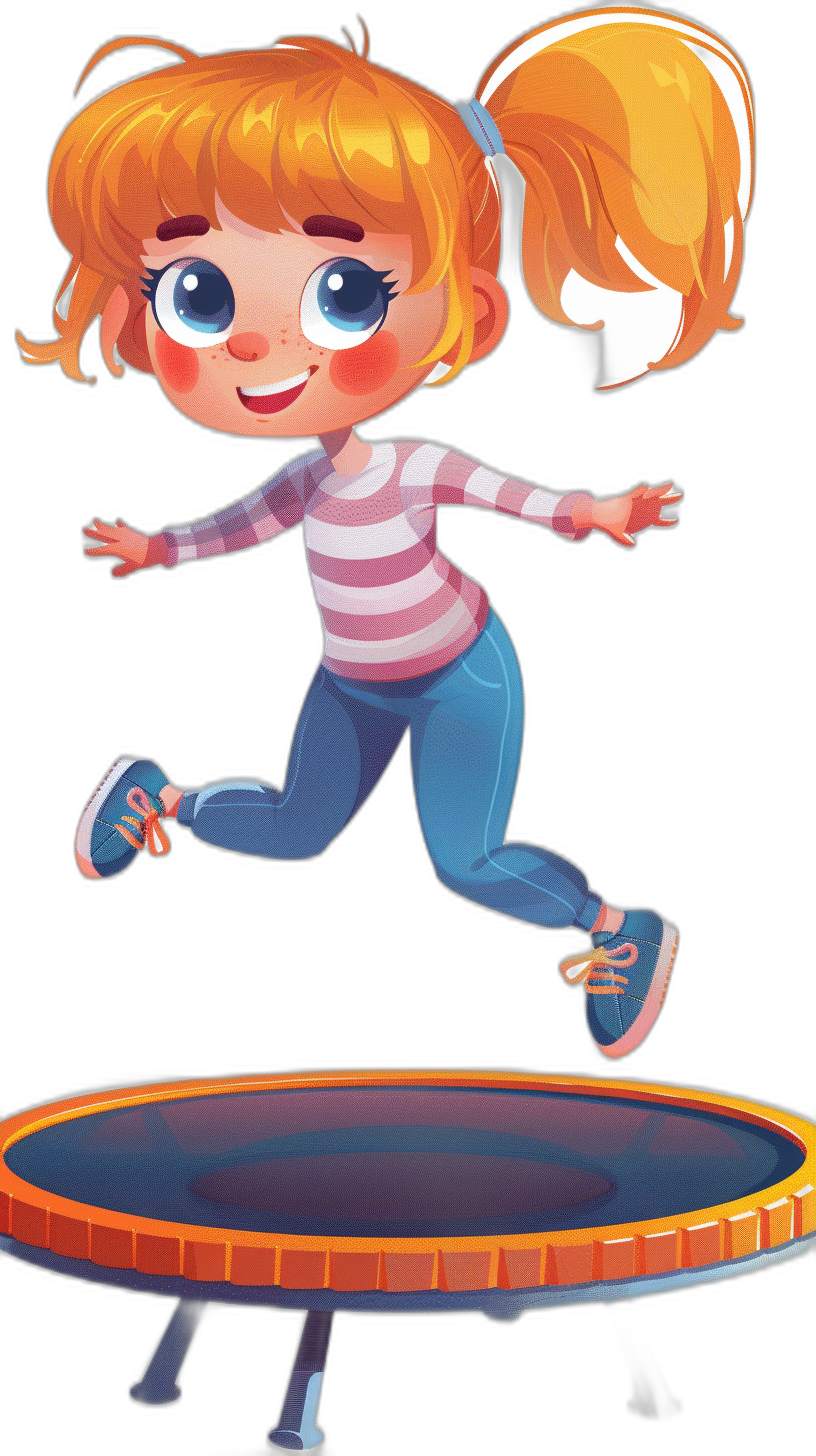 A cute little girl with orange hair and blue eyes is jumping on the trampoline, wearing a light pink striped long-sleeved T-shirt, dark navy jeans, white sneakers, with a black background, in the style of cartoon art, like simple 2D game art, with simple details, bright colors, cute expressions, and lively movements.