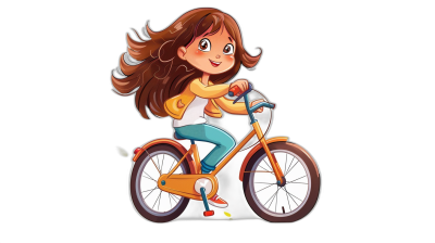 A cute girl riding an orange bike in a simple, flat cartoon style as a full body portrait against a black background. She wears white and blue  and has a smiling face with long brown hair, big eyes, and red lips. The image is of high quality, detail, and resolution.