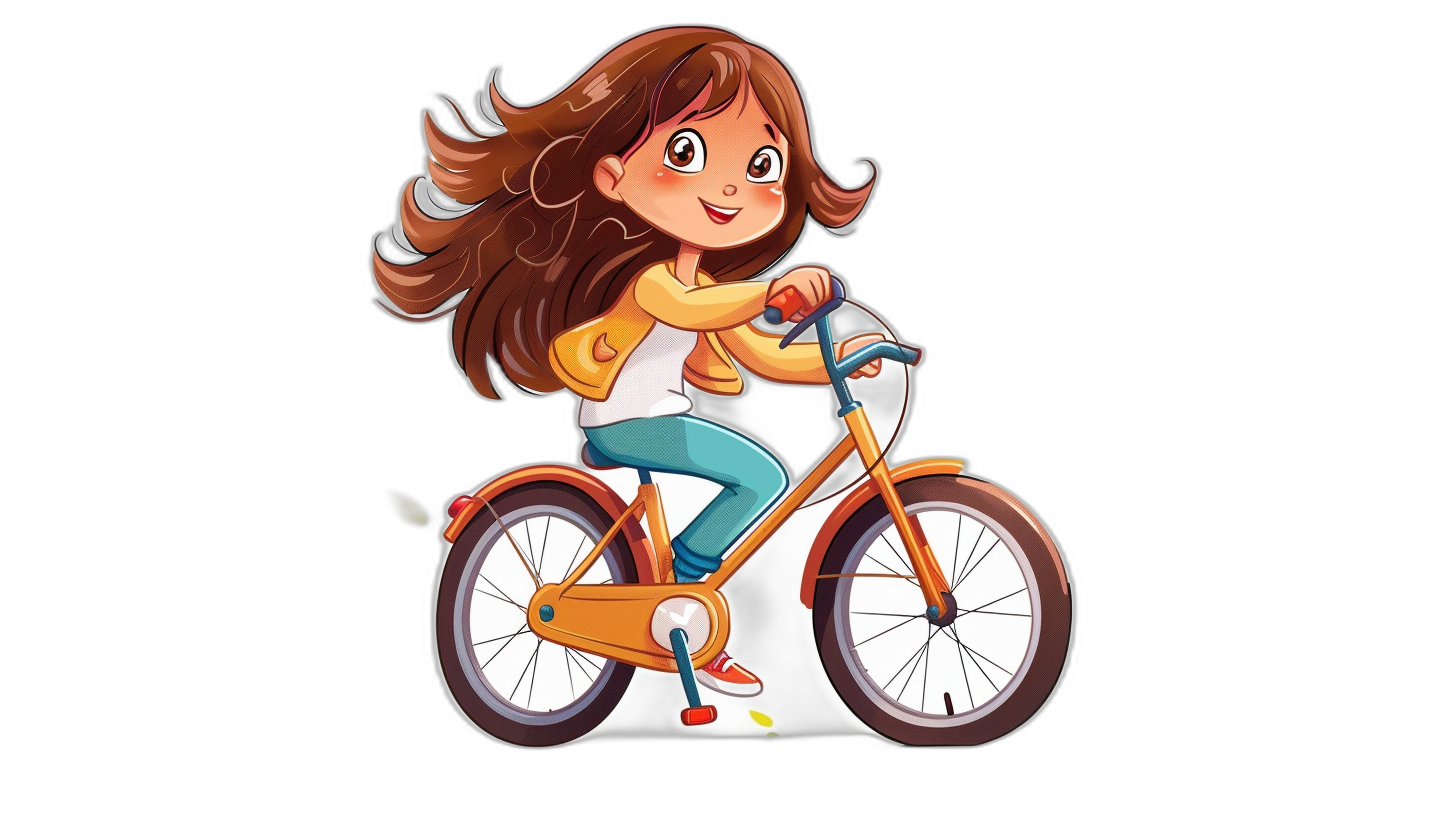 A cute girl riding an orange bike in a simple, flat cartoon style as a full body portrait against a black background. She wears white and blue  and has a smiling face with long brown hair, big eyes, and red lips. The image is of high quality, detail, and resolution.