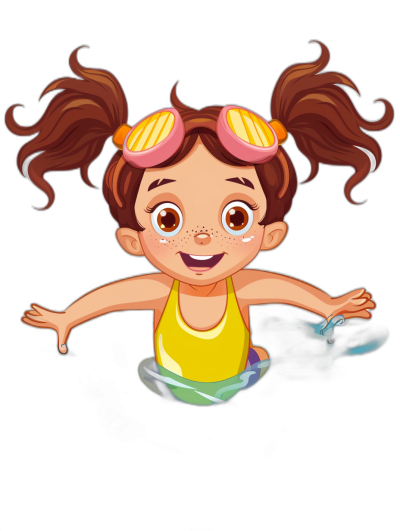 A cute cartoon girl with brown hair and two pigtails swimming in the pool, wearing swim goggles on her head and a yellow tank top. She is smiling happily while floating in the water, with an isolated black background. The illustration style should be vibrant and colorful, suitable for children's book illustrations.