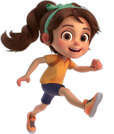 A cute little girl with brown hair in pigtails, wearing an orange and yellow shirt and navy blue shorts running on a black background in the style of Pixar. Cartoon character design sheet, 3D model rendering.