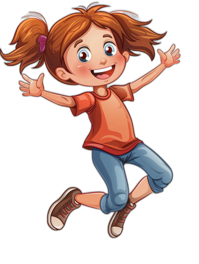 A cartoon girl jumping with joy, wearing jeans and an orange shirt. She has brown hair in pigtails and is smiling big. Isolated on a black background, clip art for stickers in the style of a cute style.