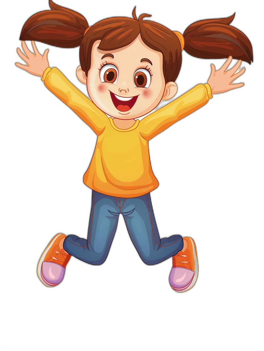 A cute little girl is jumping up with a happy expression in a simple cartoon style on a solid color background as a vector illustration. She has brown hair in pigtails and wears blue jeans, orange shoes, and a yellow top with big eyes, a smiling mouth, and hands raised above her head. The perspective angle of the character should be from front to back on a black background at a high resolution. The detailed design includes elements such as stars or clouds for decoration in the style of .