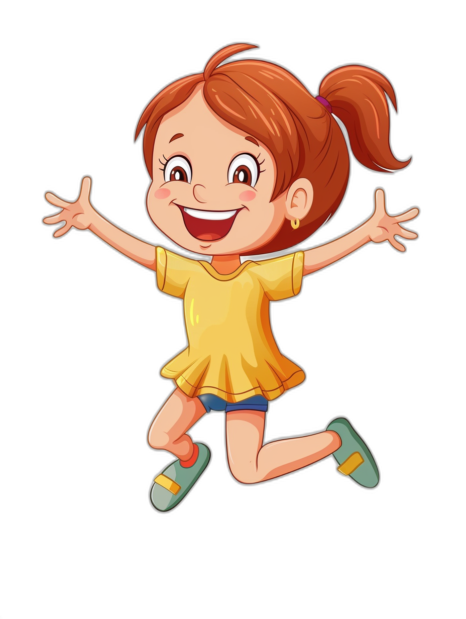 A cute happy girl jumping in the style of clip art on a black background.