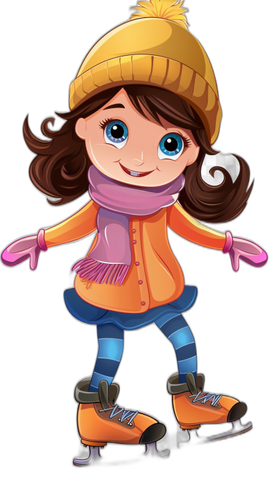 Cute cartoon girl ice skating clip art on a black background, a vector illustration for a children's book, cute and adorable, with high resolution, highly detailed, in the style of flat design, using flat colors, kept simple, with high detail, high quality, high definition, high contrast, high color, high sharpness, in a hyper realistic style.