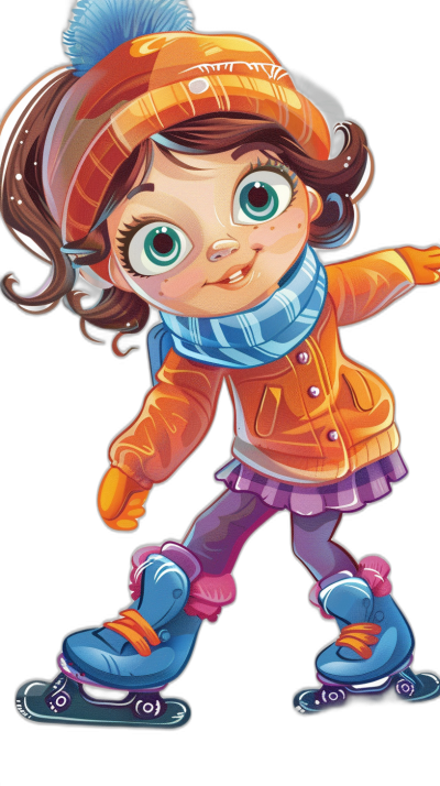 A cute little girl ice skating in a clip art style cartoon with bright colors and black background. She has big eyes, wearing an orange jacket with a blue scarf around her neck, purple pants on her legs, skates in hand, her hat is also colored like her , her hair in a bun with a dark brown color, her hair has some white highlights, a happy expression, a simple cartoon illustration in a flat design vector style with no shading, high contrast, bright colors and a black background.