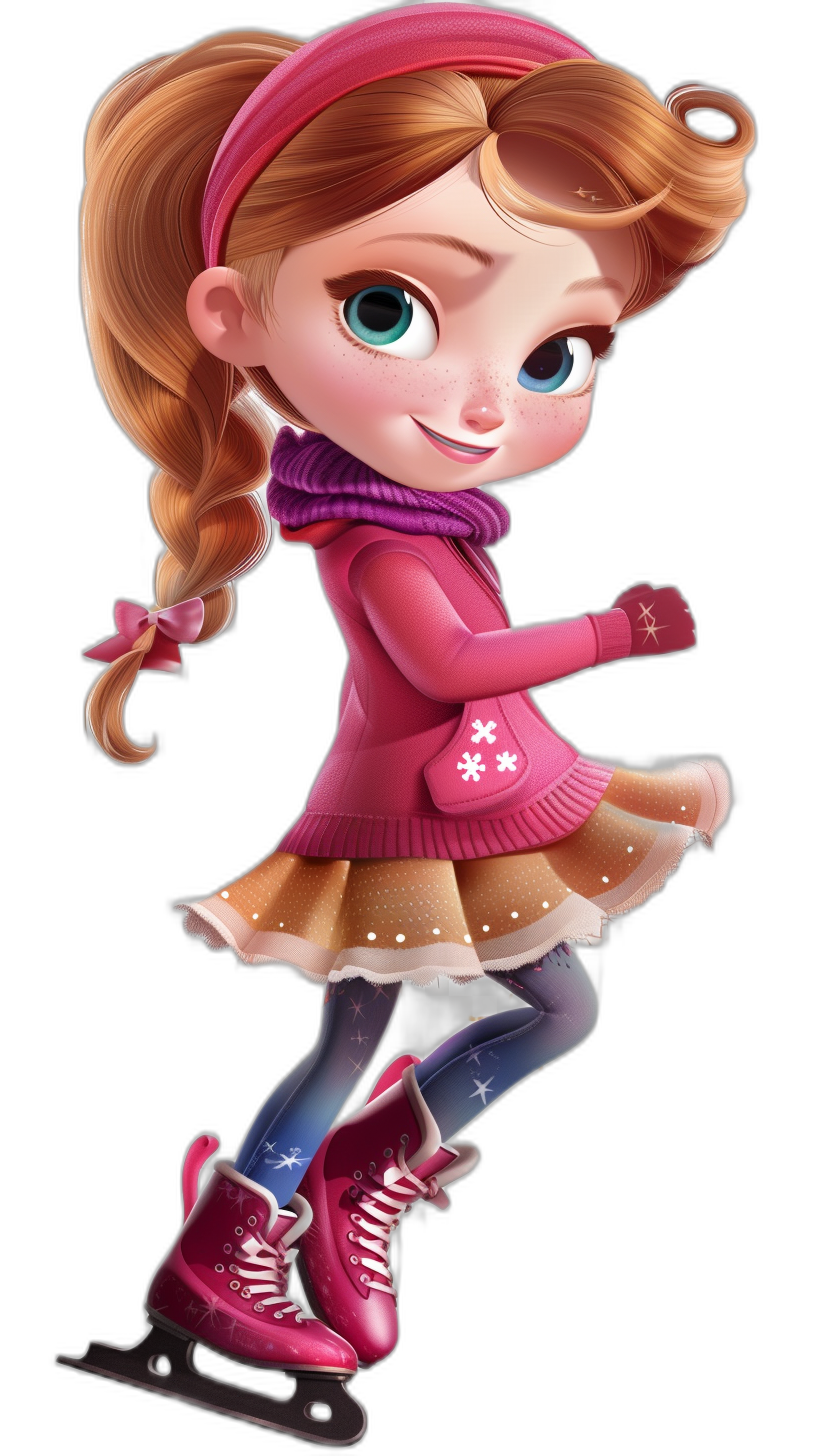 Cute girl on ice skates, wearing a pink coat and skirt with a purple scarf around her neck, brown hair in a long braid down the back of her head, blue eyes, in the style of cartoon, in the style of Disney Pixar animation, black background, full body portrait, happy expression, cute pose, bright colors, high definition resolution, high details, cartoon illustration.