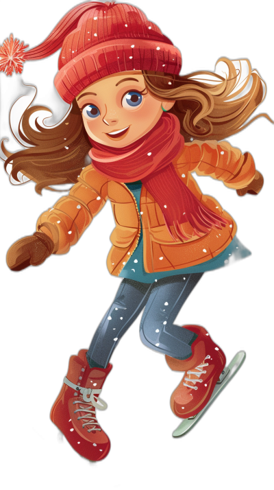 Cartoon girl ice skating, winter with red hat and scarf, cartoon style with black background, cute Disney character design. She is wearing an orange jacket and blue pants, holding hands in front of her chest while smiling. The figure has long brown hair flowing behind it as if blowing gently by the wind. Red skates cover both feet to create an adorable and playful scene in the style of space art illustration.