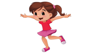 Cute cartoon girl jumping, with a pink skirt and red t-shirt, in a simple vector illustration on a black background, at a high resolution, with no text or letters in the picture. She has brown hair in pigtails tied with a ribbon. Her arms are outstretched to her sides, and she is smiling.