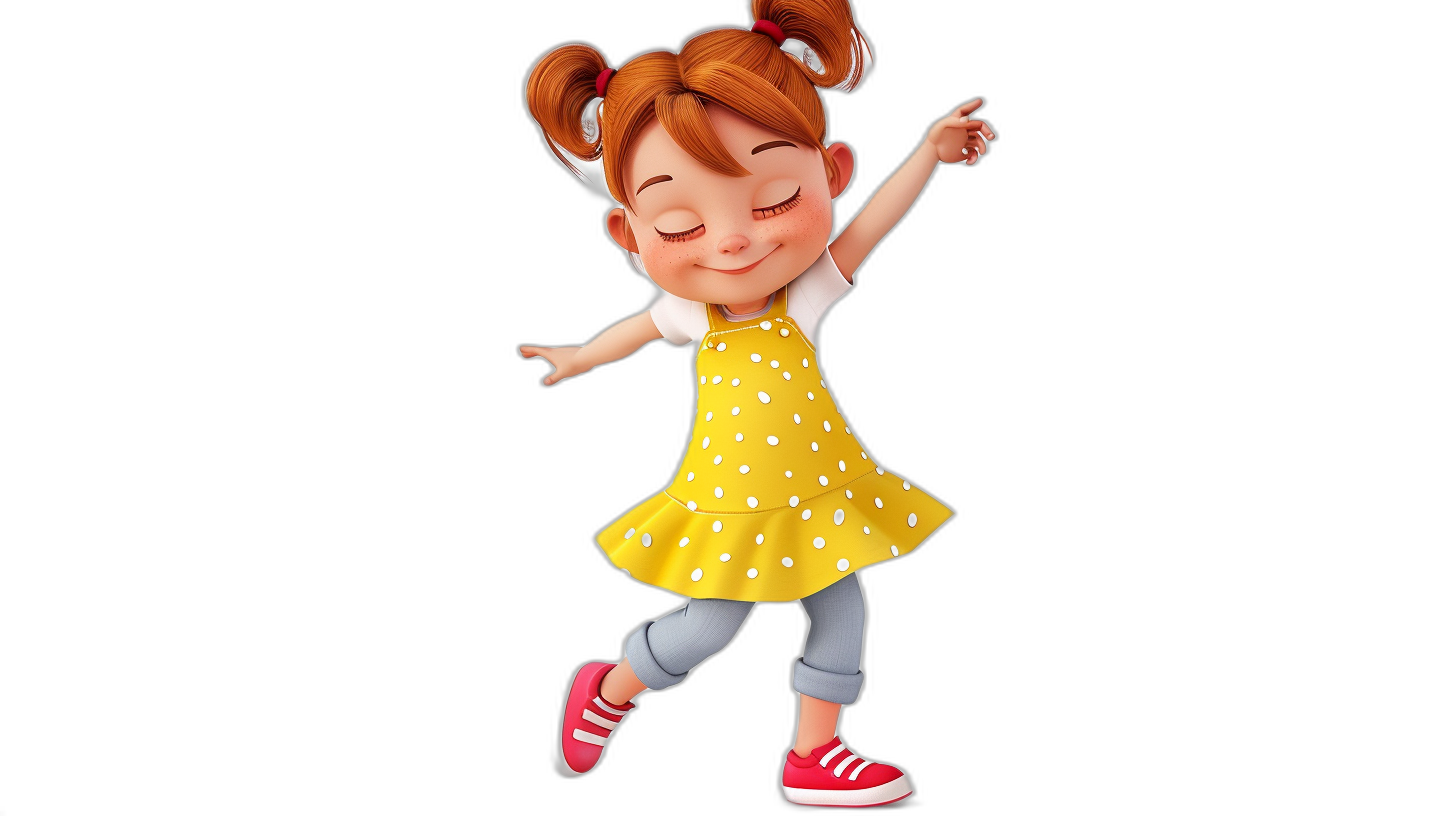 A cute little girl, wearing a yellow dress with white dots and red shoes, dancing in the air with a smiling face. A full body shot in the style of 3D Disney animation with a character design style and a black background in the style of Pixar cartoons. She has a red hair bun on her head and brown eyes.