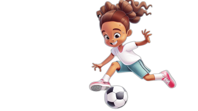 cartoon style, brown skinned girl playing soccer with a white shirt and blue shorts, pink shoes kicking the ball against a black background in the style of Disney Pixar art.