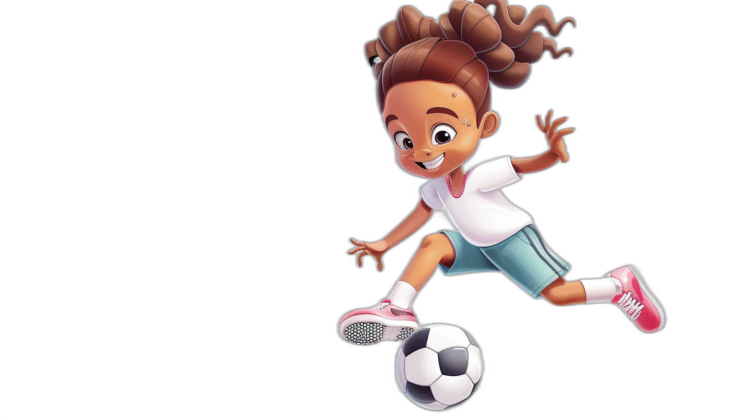 cartoon style, brown skinned girl playing soccer with a white shirt and blue shorts, pink shoes kicking the ball against a black background in the style of Disney Pixar art.