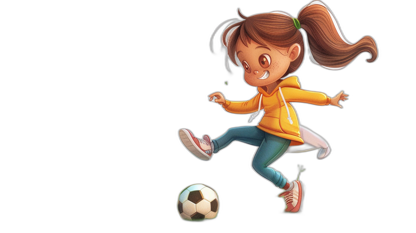 A cute cartoon girl kicking a soccer ball, wearing a yellow jacket and blue pants against a black background, in the style of Pixar. High quality, high resolution image.