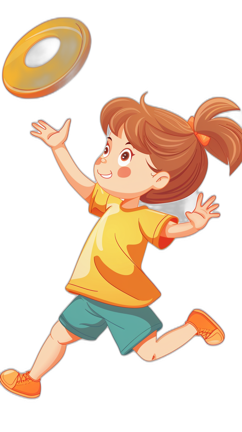 A little girl is playing frisbee in a simple cartoon style with a simple black background and flat illustration using simple lines and vector graphics resembling children’s book illustrations. The cute character has two ponytails tied on one side of her head with an open mouth smile. She is wearing blue shorts and a white short sleeve top on her upper body. The flying frisbee is in the style of Doraemon. The illustration is high quality with bright, high saturation colors featuring yellow and orange tones.