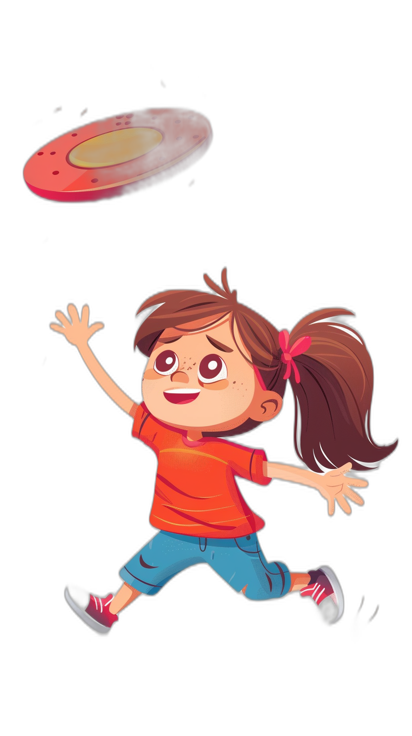 A cute cartoon girl is playing frisbee, vector illustration style, simple strokes, black background, flat color application, no shadows and lighting effects. The little boy has brown hair with bangs on the front of her head, wearing an orange Tshirt, blue jeans, pink shoes, waving his hand to throw FrOTOles. A flying red UFO floats in space above him, with exaggerated expressions. Full body portrait, bright colors, lively atmosphere.