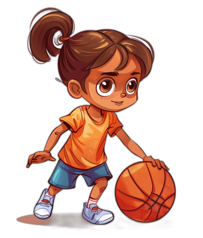 A cute little girl basketball player in the style of cartoon vector art, wearing an orange t-shirt and blue shorts with white sneakers, dribbling a ball on her right hand. Black background. She has brown hair styled into pigtails. Her eyes have big round black pupils. The overall design is simple yet vibrant, capturing attention without being fluffy or too cartoony.