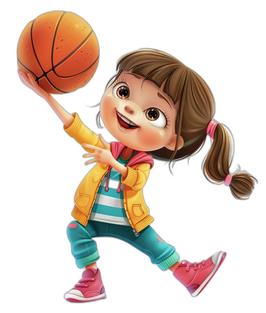 A cute little girl is playing basketball in the style of Pixar, with a cartoon character design on a black background. She has brown hair and wears pink shoes. The yellow jacket she is wearing reflects the light of the ball as it shines in front of her. Her face exudes joy while holding onto one hand to balance herself. On top there is an orange basketball and below are turquoise pants, with a focus on materials, soft lighting, high resolution, full body shot, bright color accents, and high detail.