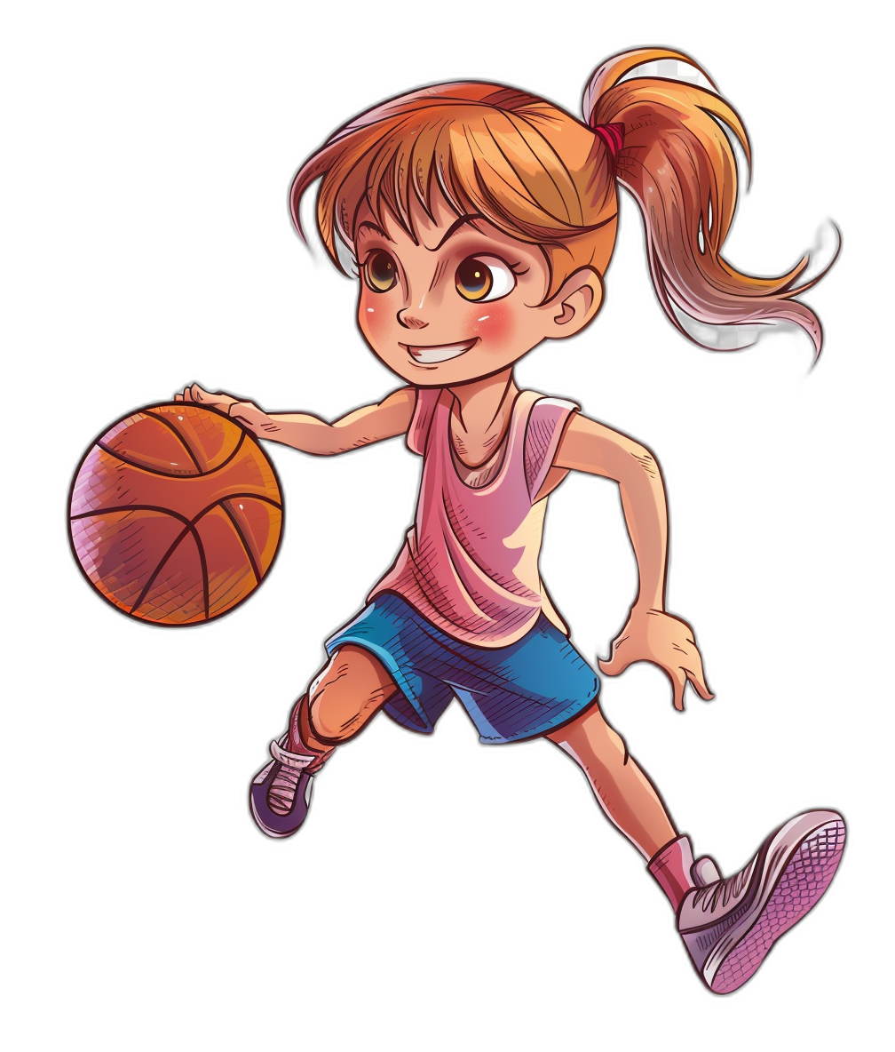 A cartoon of a happy girl playing basketball, full body, pink shoes, blue shorts and a red shirt with a ponytail hair style, isolated on a black background, in the style of Pixar character.