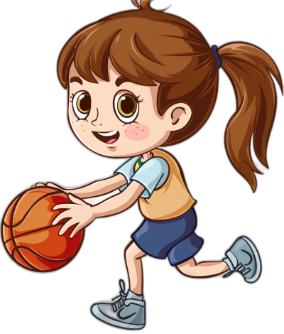 A cute little girl is playing basketball, simple flat cartoon style vector illustration with black background, wearing sports shoes and short sleeves, brown hair in ponytail hairstyle, holding the ball in hand ready to shoot, happy expression, full body portrait, cartoon character design, colorful color scheme, vector graphics, high resolution, high detail,