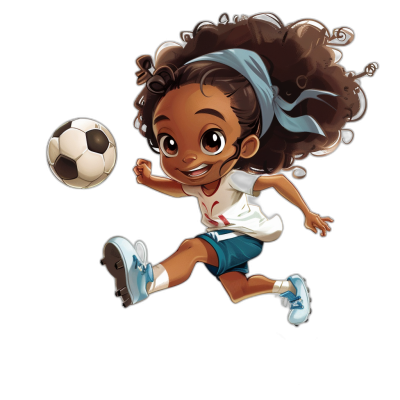 create an african american chibi girl playing soccer on black background, wearing white t shirt and blue shorts with sneakers kicking the ball in mid air. She has curly hair that is tied into two pigtails. Her eyes have long eyelashes and she's smiling. her face should be detailed. make sure to include details of his shoes and socks so they look realistic. make it high resolution and high quality.