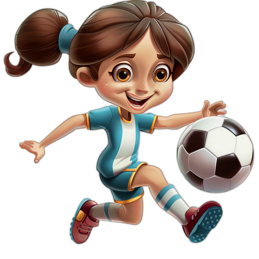 Cartoon girl in a blue and white jersey playing soccer against a black background, in the cartoon style of Disney Pixar animation. The character design shows a full body shot of the girl with brown hair in a ponytail hairstyle, a happy expression, holding the ball in one hand and running. She has a cute face and is wearing red shoes with colorful  details. The image is high definition resolution and high quality.